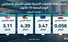 أسعار صرف العملات الأجنبية مقابل الشيكل الإسرائيلي اليوم الجمعة 30 /أكتوبر: