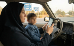 هاتف بيدها وطفل دون حزام أمان.. كاميرا الشرطة توثّق سائقة خلال القيادة في الجنوب