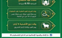 دار الإفتاء والبحوث الإسلامية 48: صلاة عيد الأضحى الأربعاء الساعة 6:10 صباحًا وذبح...