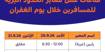 إليكم ساعات عمل وإغلاق المعابر الحدودية البرية للمسافرين خلال “يوم الغفران