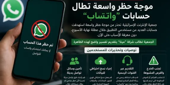 اتحاد الإنترنت الإسرائيلي يحذر من موجة حظر واسعة تطال حسابات “واتساب” ويطالب “ميتا”...